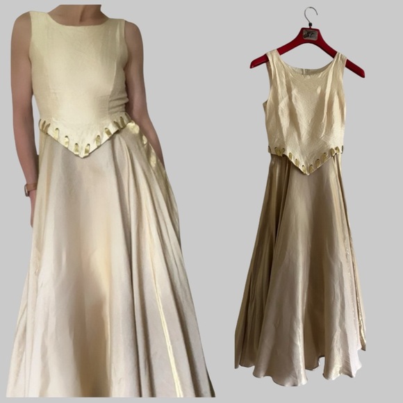 Vtg Gloria 100% Silk Gold Sleeveless A-Line Tool Maxi Dress Sz Small - Picture 2 of 16